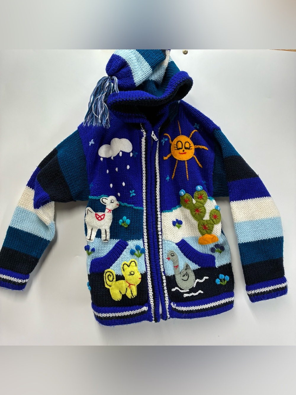 Kenelma Peru Sweater Kids 4T Multicolor Knit Hooded Full Zip Llama Appliqué Blue